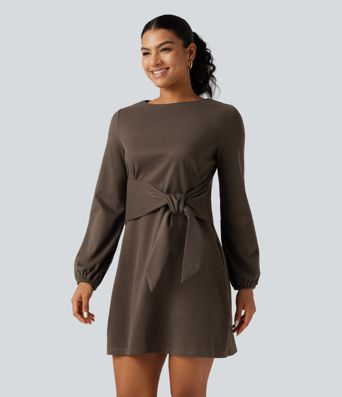 Round Neck Long Sleeve Tie Side Mini Work Dress Round Neck Long Sleeve Tie Side Mini Work Dress