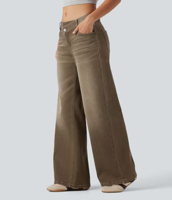 Jean décontracté taille basse, à jambe large asymétrique, coloré, avec poches Jean décontracté taille basse, à jambe large asymétrique, coloré, avec poches