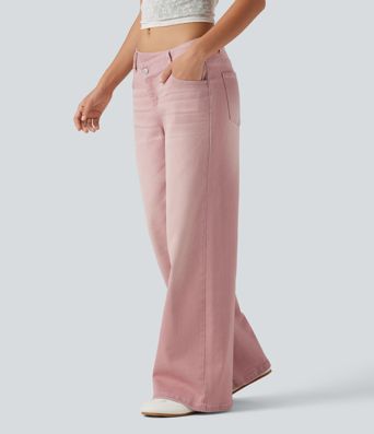 Low Rise Asymmetric Wide Leg Colorful Casual Jeans with Pockets Low Rise Asymmetric Wide Leg Colorful Casual Jeans with Pockets