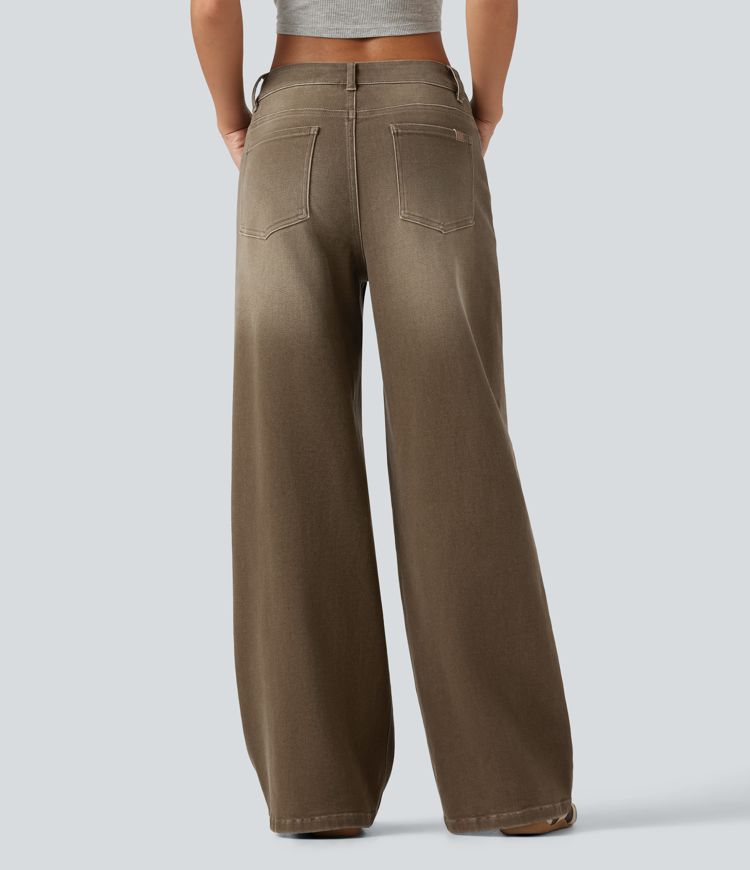 Jean décontracté taille basse, à jambe large asymétrique, coloré, avec poches Jean décontracté taille basse, à jambe large asymétrique, coloré, avec poches