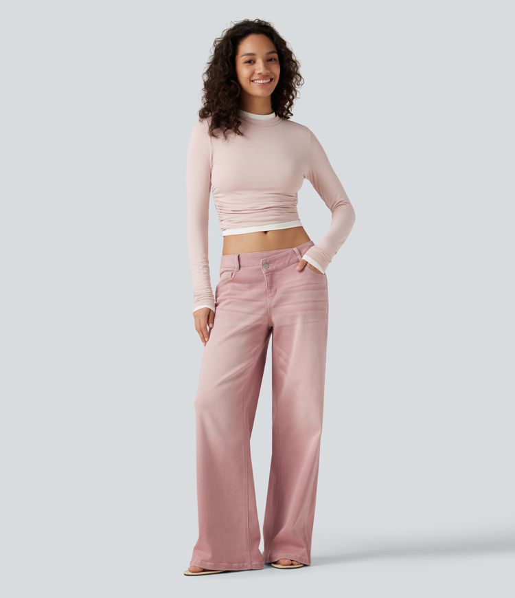 Low Rise Asymmetric Wide Leg Colorful Casual Jeans with Pockets Low Rise Asymmetric Wide Leg Colorful Casual Jeans with Pockets