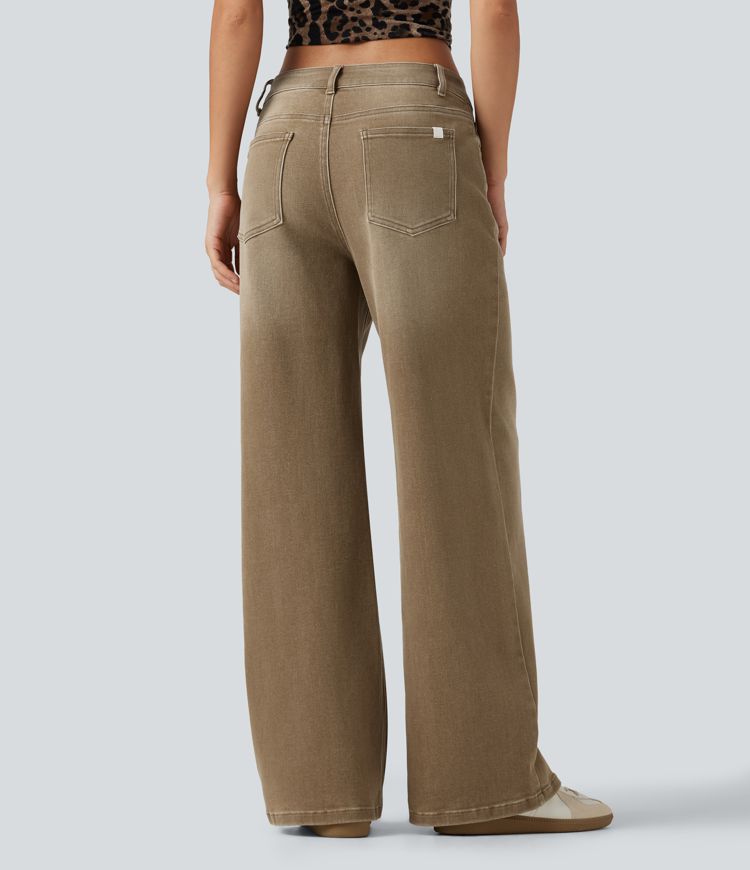 Warm Hill Brown Lässige Jeans mit niedrigem Crossover-Bund, mehreren Taschen und weitem Bein / 2