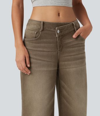 Jean décontracté taille basse, à jambe large asymétrique, coloré, avec poches Jean décontracté taille basse, à jambe large asymétrique, coloré, avec poches