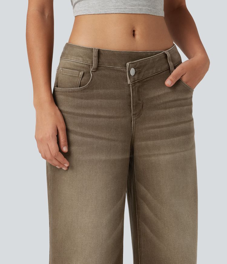 Jean décontracté taille basse, à jambe large asymétrique, coloré, avec poches Jean décontracté taille basse, à jambe large asymétrique, coloré, avec poches