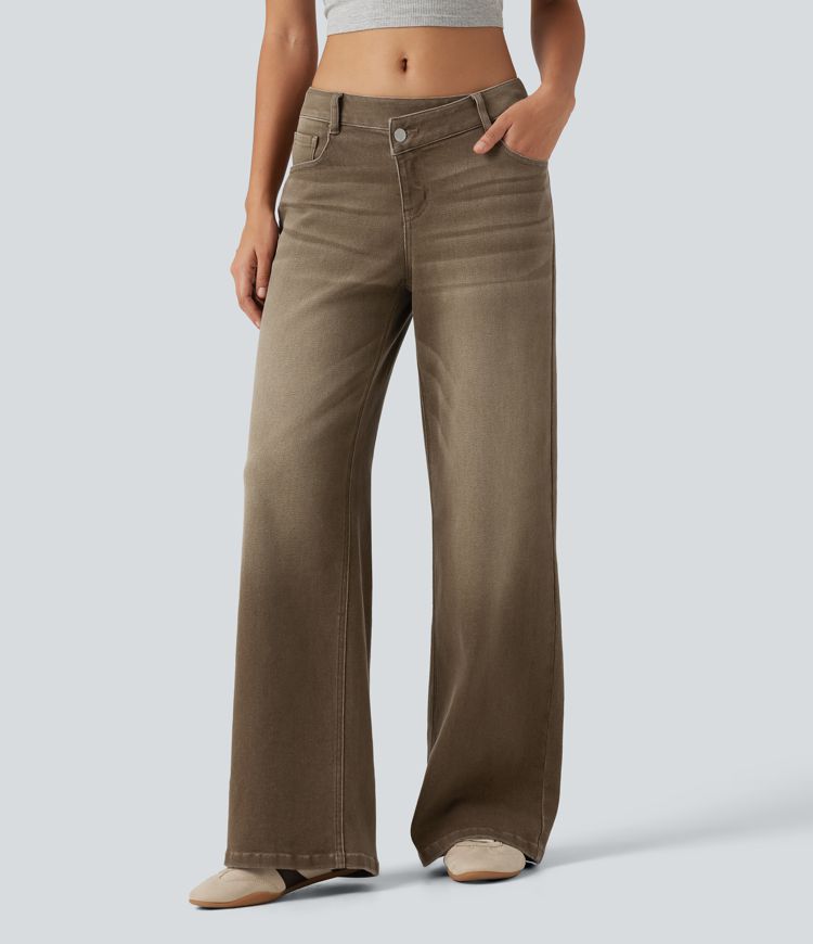 Jean décontracté taille basse, à jambe large asymétrique, coloré, avec poches Jean décontracté taille basse, à jambe large asymétrique, coloré, avec poches