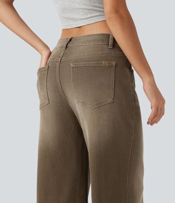 Jean décontracté taille basse, à jambe large asymétrique, coloré, avec poches Jean décontracté taille basse, à jambe large asymétrique, coloré, avec poches