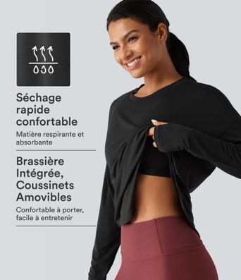 Haut de sport yoga à séchage rapide, encolure arrondie, manches longues avec passe-pouces et brassière intégrée Haut de sport yoga à séchage rapide, encolure arrondie, manches longues avec passe-pouces et brassière intégrée