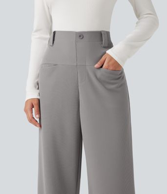 High Waisted Straight Leg Waffle Work Pants with Pockets High Waisted Straight Leg Waffle Work Pants with Pockets
