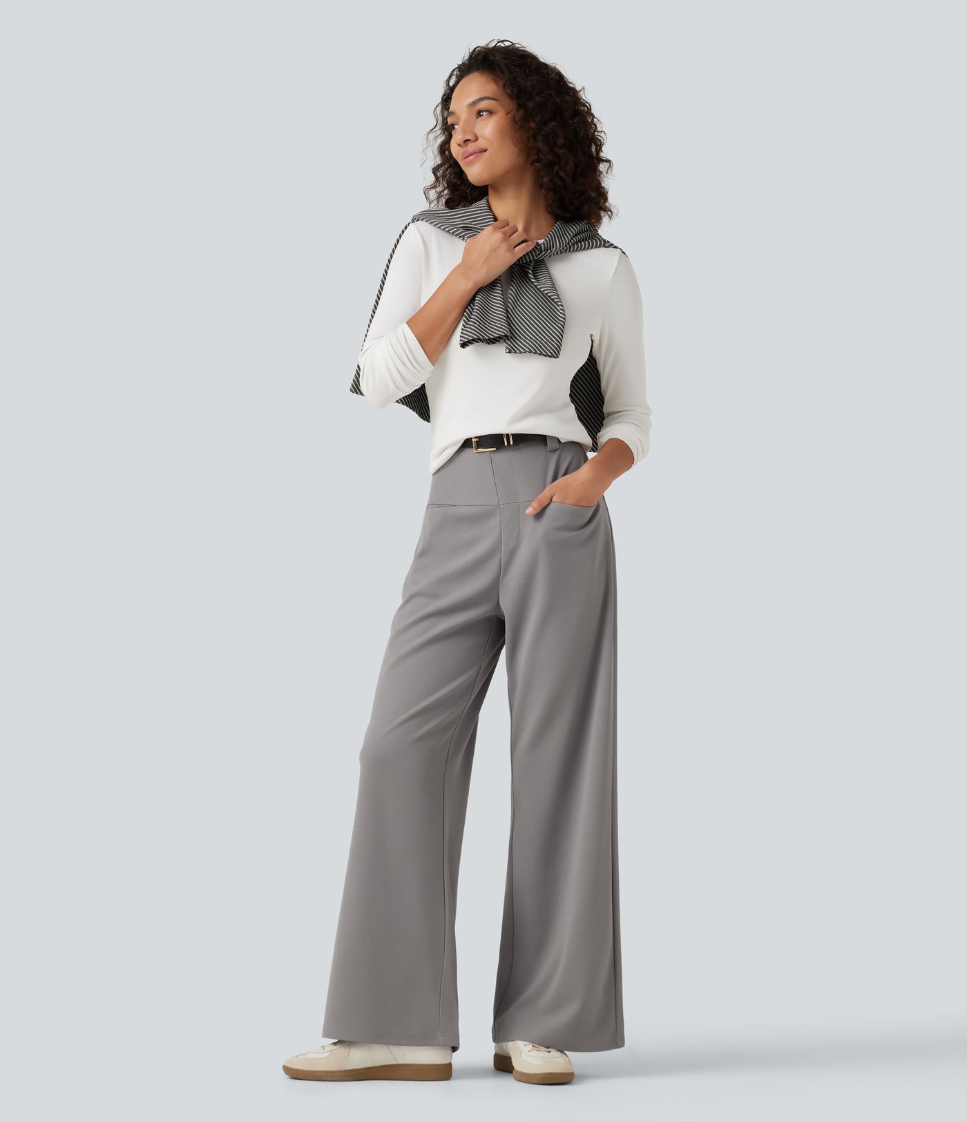 High Waisted Straight Leg Waffle Work Pants with Pockets High Waisted Straight Leg Waffle Work Pants with Pockets