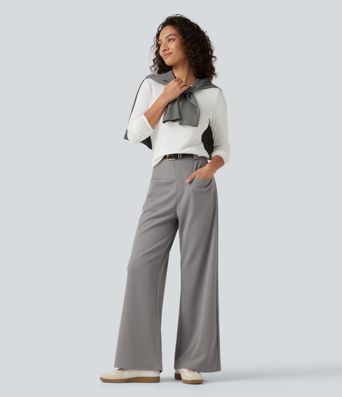 High Waisted Straight Leg Waffle Work Pants with Pockets High Waisted Straight Leg Waffle Work Pants with Pockets