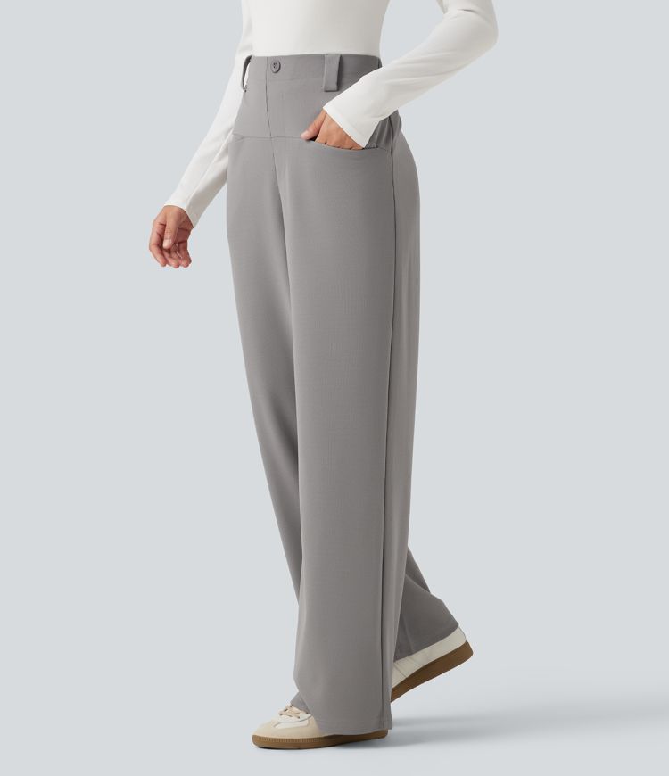 High Waisted Straight Leg Waffle Work Pants with Pockets High Waisted Straight Leg Waffle Work Pants with Pockets