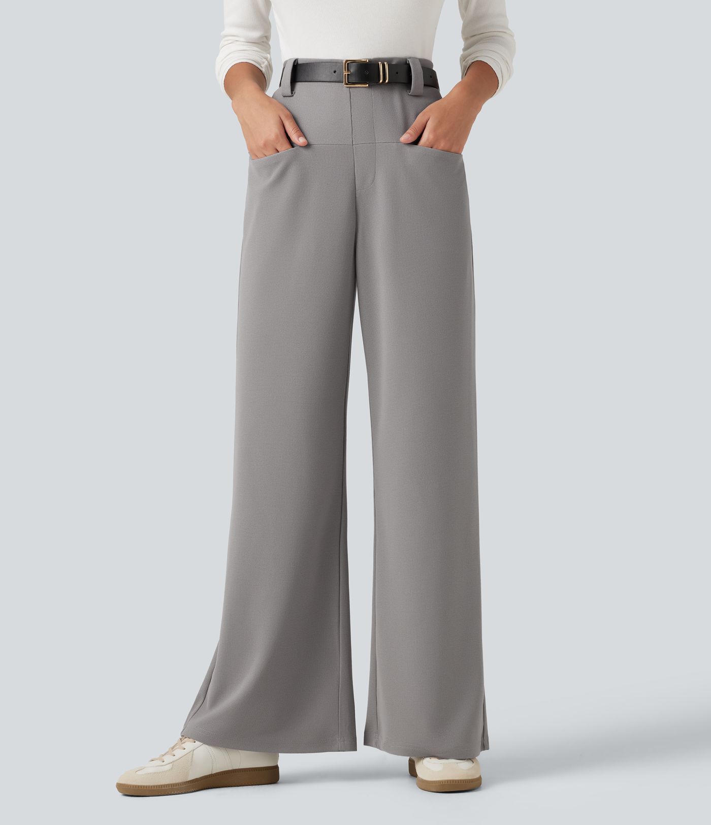 High Waisted Straight Leg Waffle Work Pants with Pockets High Waisted Straight Leg Waffle Work Pants with Pockets