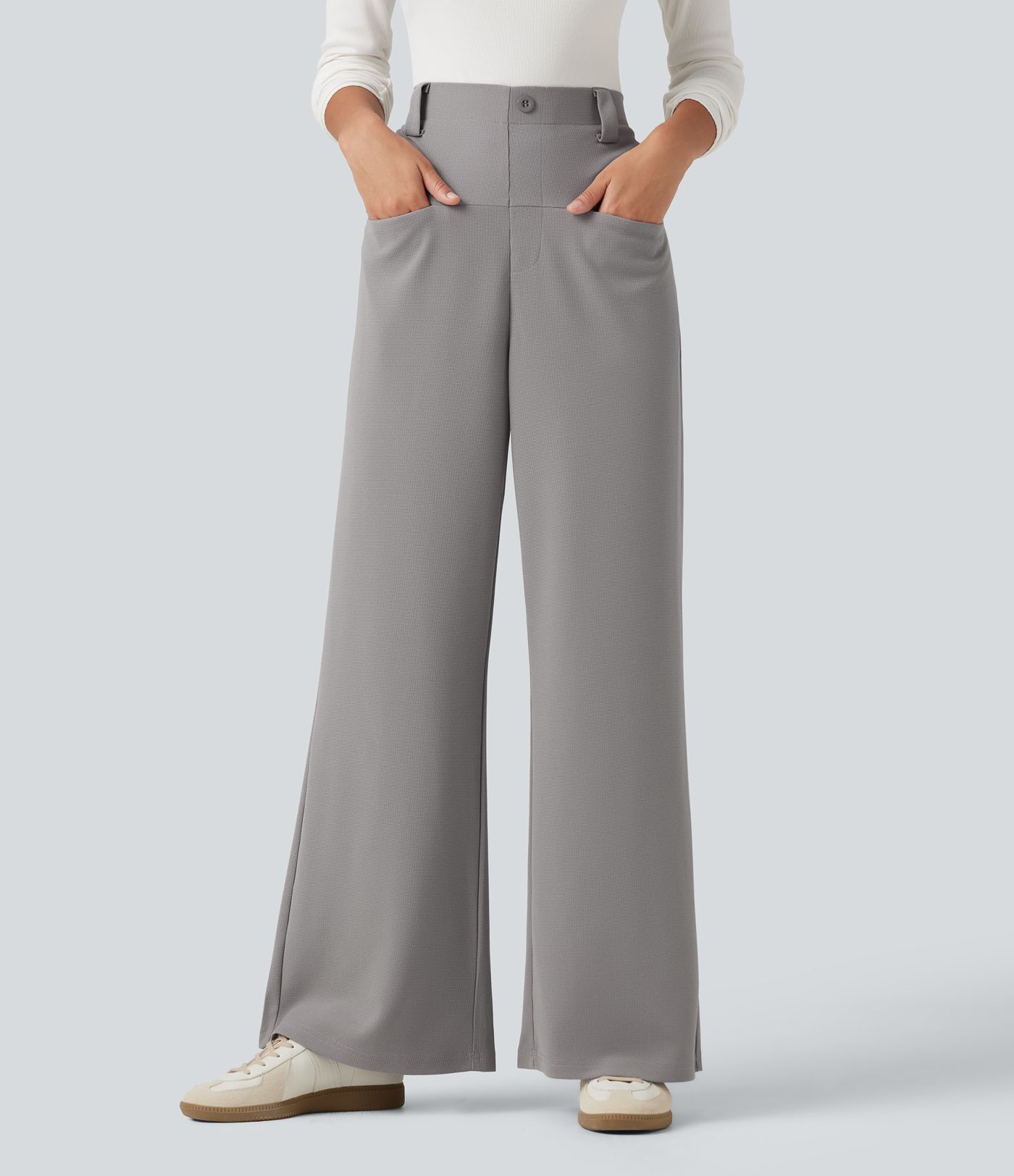 High Waisted Straight Leg Waffle Work Pants with Pockets High Waisted Straight Leg Waffle Work Pants with Pockets