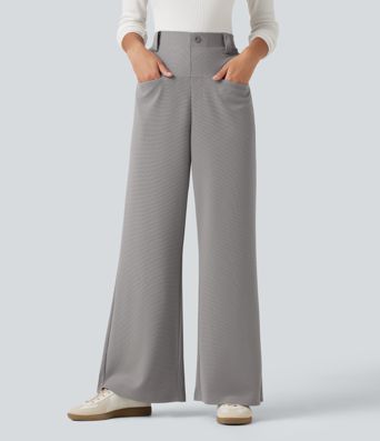 High Waisted Straight Leg Waffle Work Pants with Pockets High Waisted Straight Leg Waffle Work Pants with Pockets