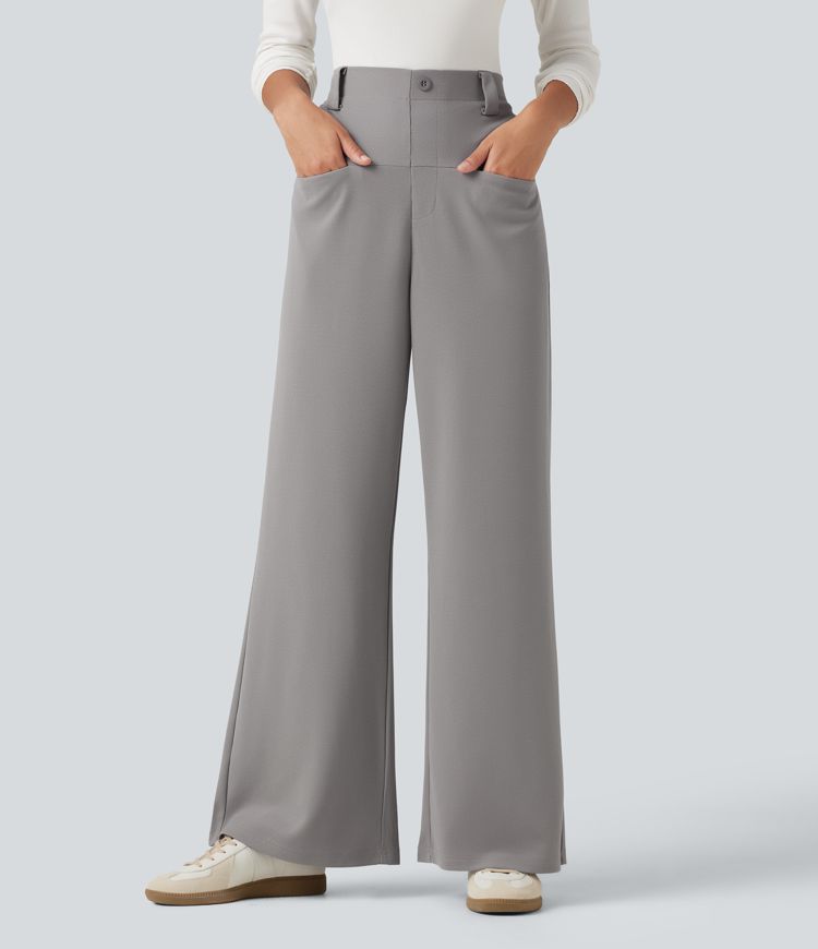 High Waisted Straight Leg Waffle Work Pants with Pockets High Waisted Straight Leg Waffle Work Pants with Pockets