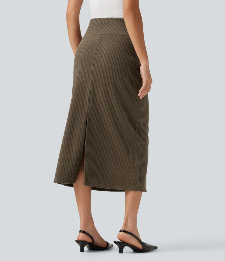 Chestnut Brown Ribbed Knit High Waisted Casual Midi Skirt / 2