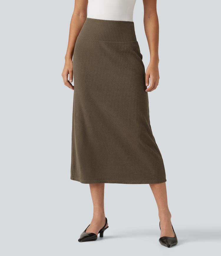 Ribbed Knit High Waisted Casual Midi Skirt