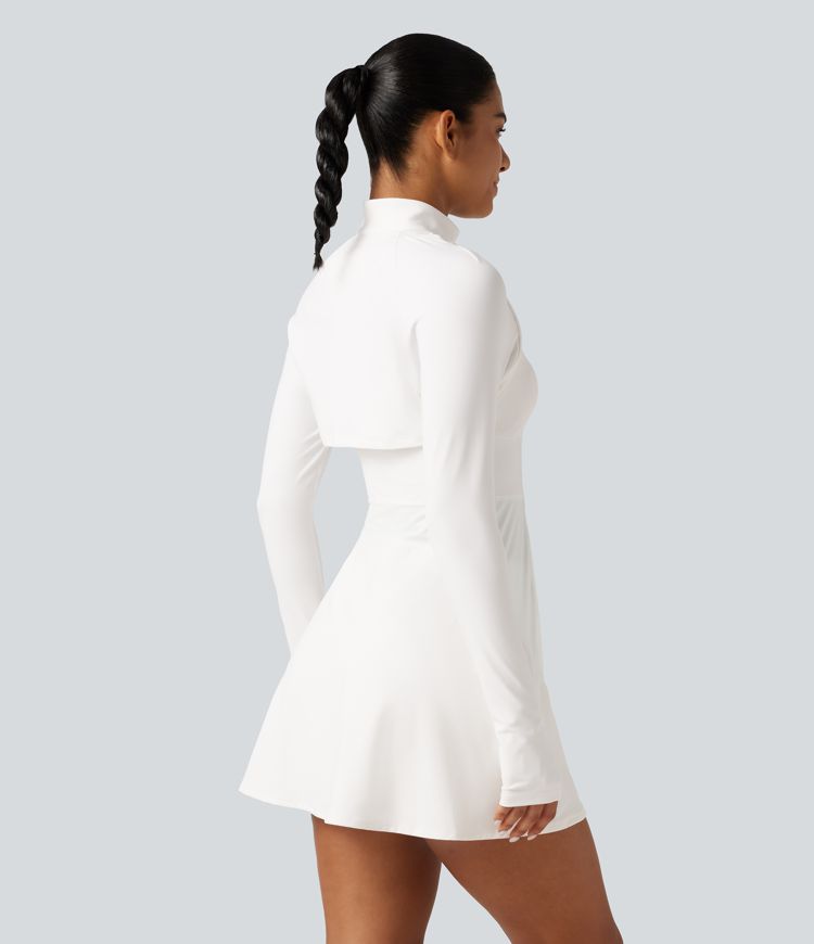 White SoftlyZero™ Airy Mock Neck Long Sleeve A-Line InstantCool Golf Mini Dress with Separate Liner Shorts and Pockets / 2