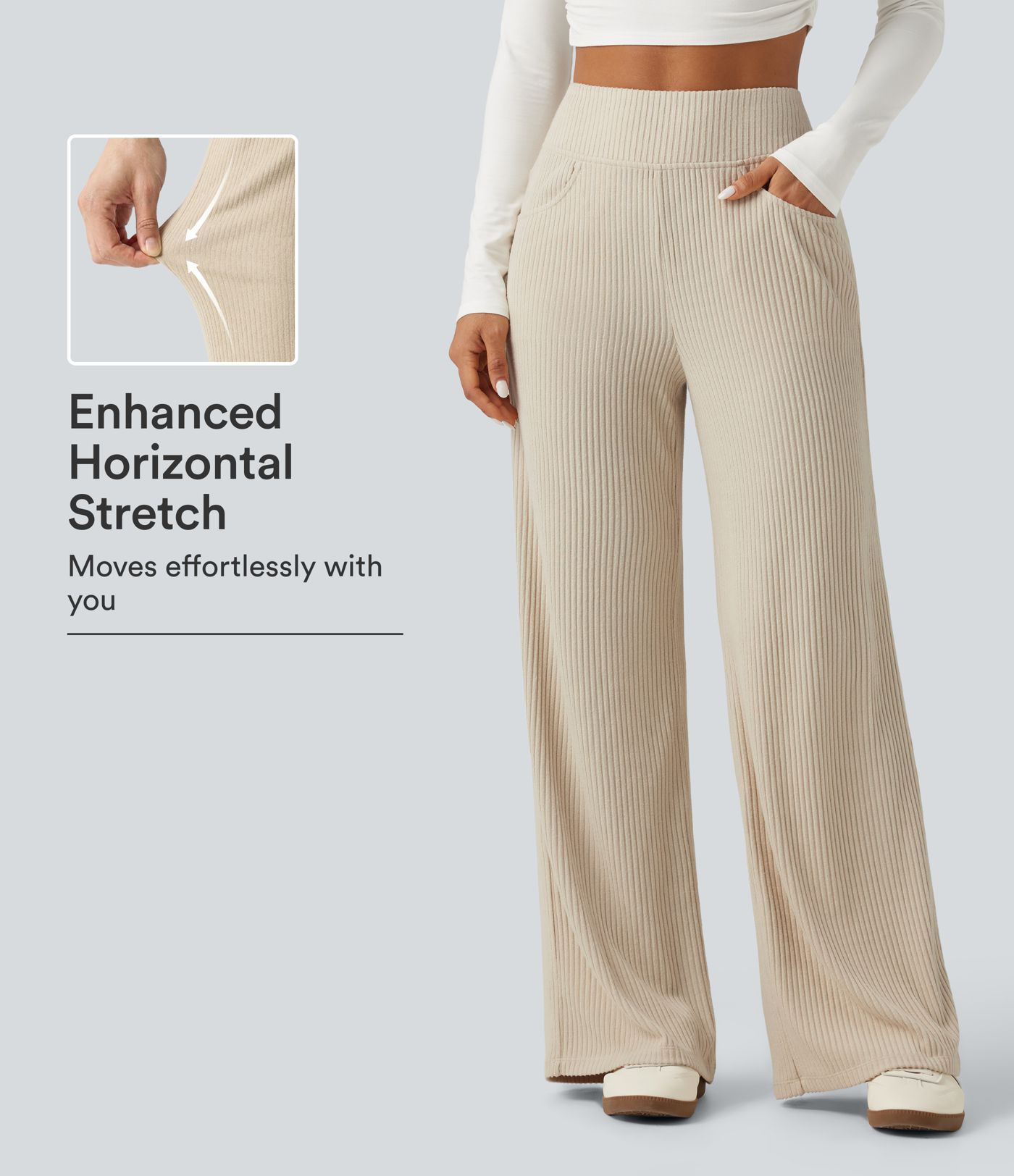 Rippstrick‑Hose mit hohem Bund, weitem Bein und Taschen Rippstrick‑Hose mit hohem Bund, weitem Bein und Taschen