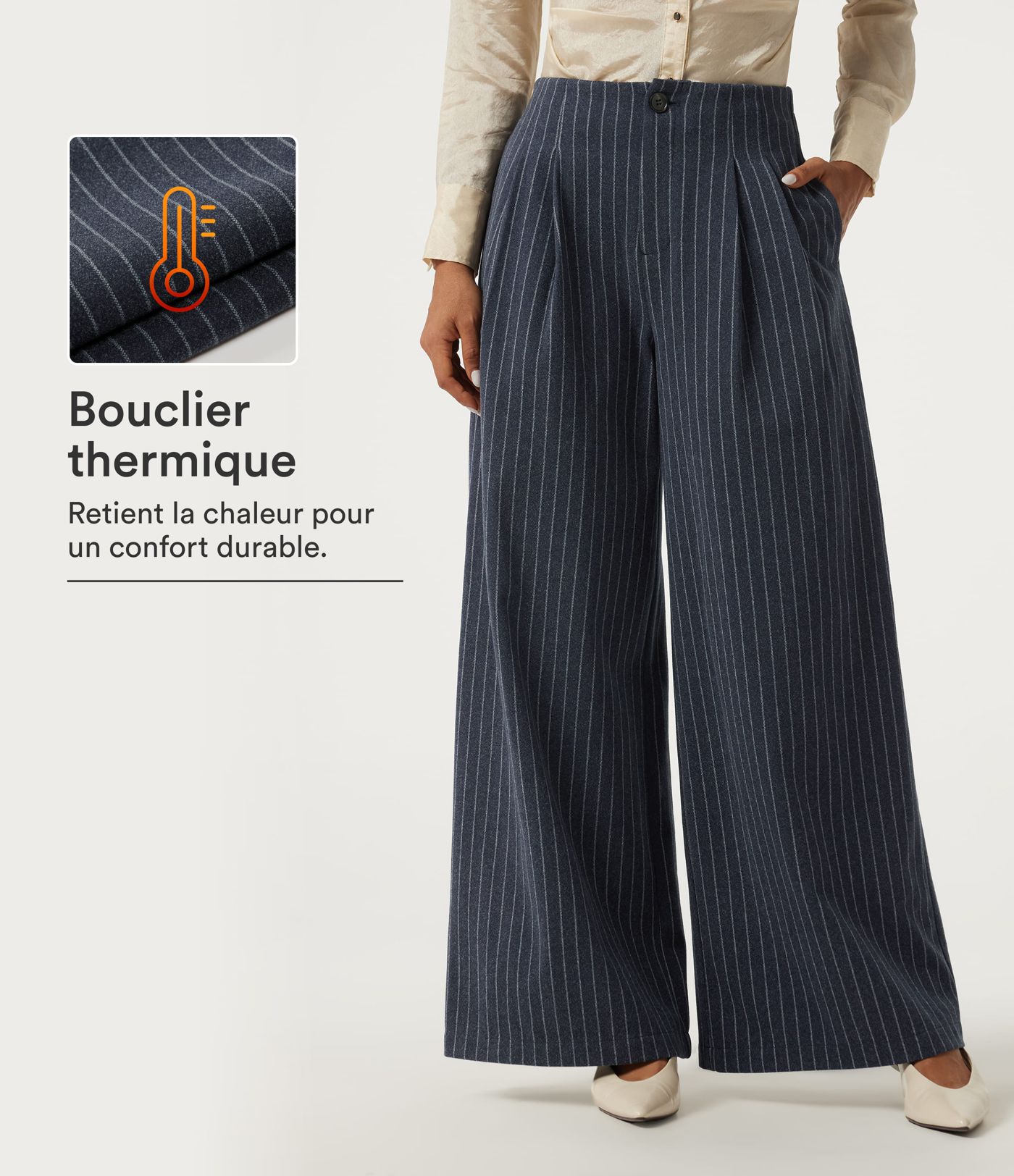 Pantalon de bureau large taille haute rayé doublé polaire avec poches Pantalon de bureau large taille haute rayé doublé polaire avec poches