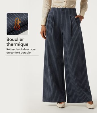 Pantalon de bureau large taille haute rayé doublé polaire avec poches Pantalon de bureau large taille haute rayé doublé polaire avec poches