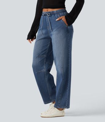 Halara Flex™ Mid Rise Drawstring Barrel Leg Casual Jeans with Pockets