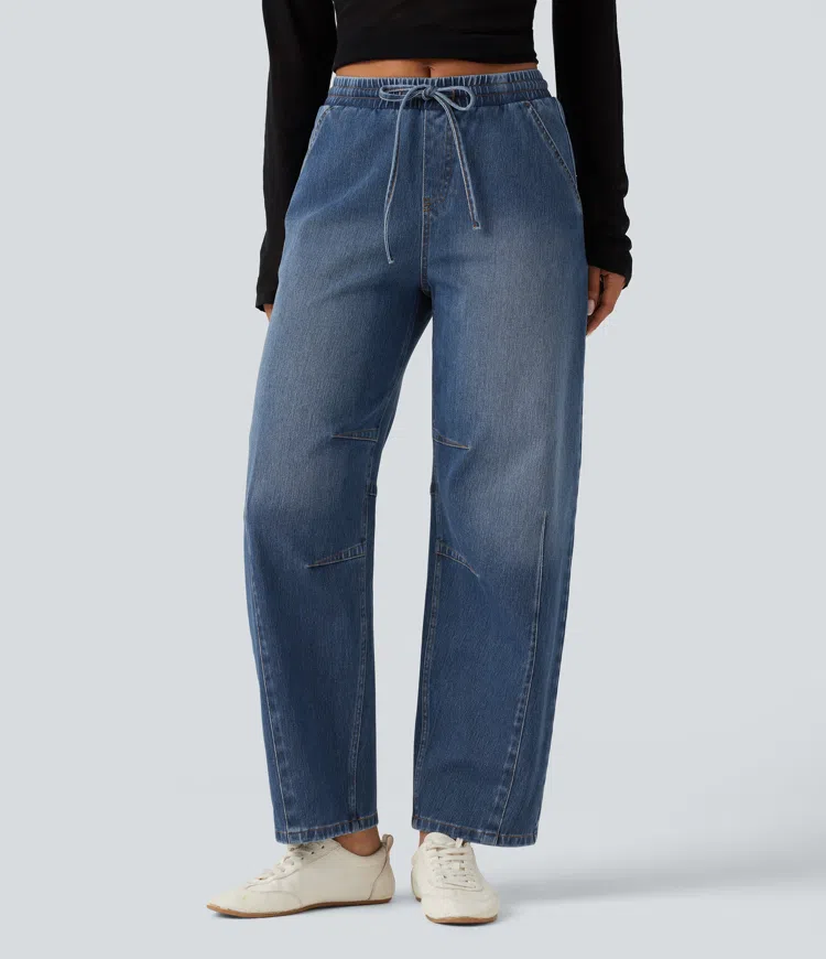 Halara Flex™ Mid Rise Drawstring Barrel Leg Casual Jeans with Pockets