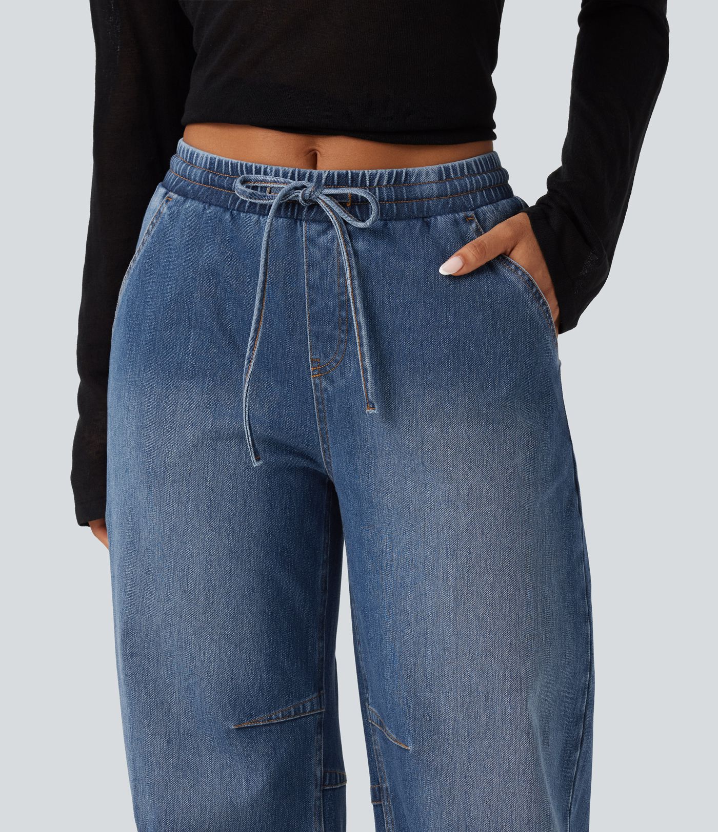 Halara Flex™ Mid Rise Drawstring Barrel Leg Casual Jeans with Pockets