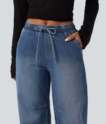 Halara Flex™ Mid Rise Drawstring Barrel Leg Casual Jeans with Pockets