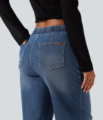 Halara Flex™ Mid Rise Drawstring Barrel Leg Casual Jeans with Pockets
