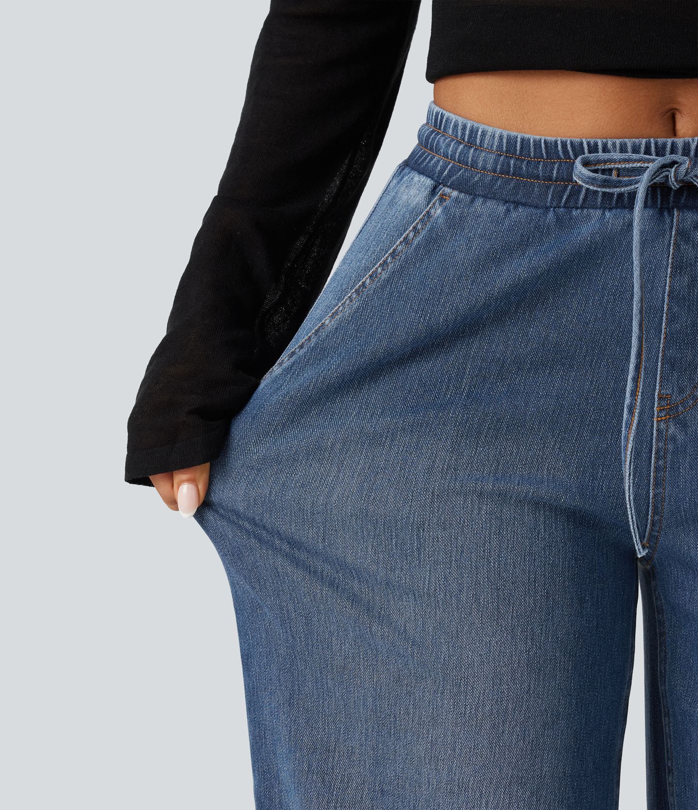 Halara Flex™ Mid Rise Drawstring Barrel Leg Casual Jeans with Pockets