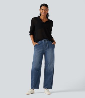 Halara Flex™ Mid Rise Drawstring Barrel Leg Casual Jeans with Pockets