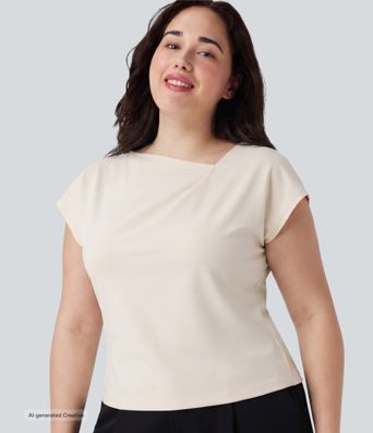 Plus Size Asymmetric Cowl Neck Short Sleeve Ruched Split Hem Work Blouse