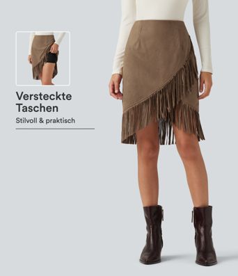 2-in-1 Party-Midirock aus Wildleder mit hohem Bund und Fransensaum 2-in-1 Party-Midirock aus Wildleder mit hohem Bund und Fransensaum