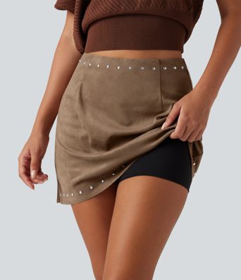 High Waisted 2-in-1 A Line Mini Suede Party Skirt