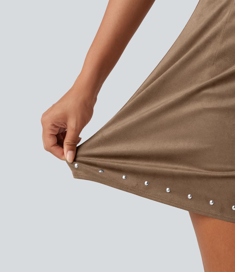 High Waisted 2-in-1 A Line Mini Suede Party Skirt