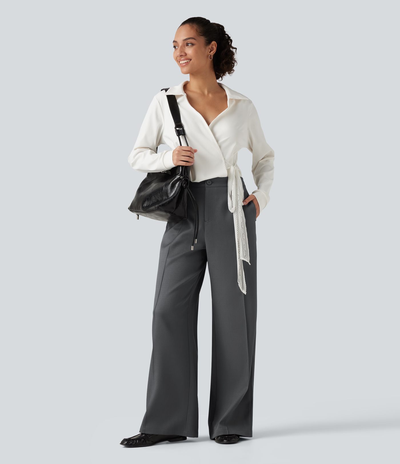 Mid Rise Wide Leg Work Pants with Pockets