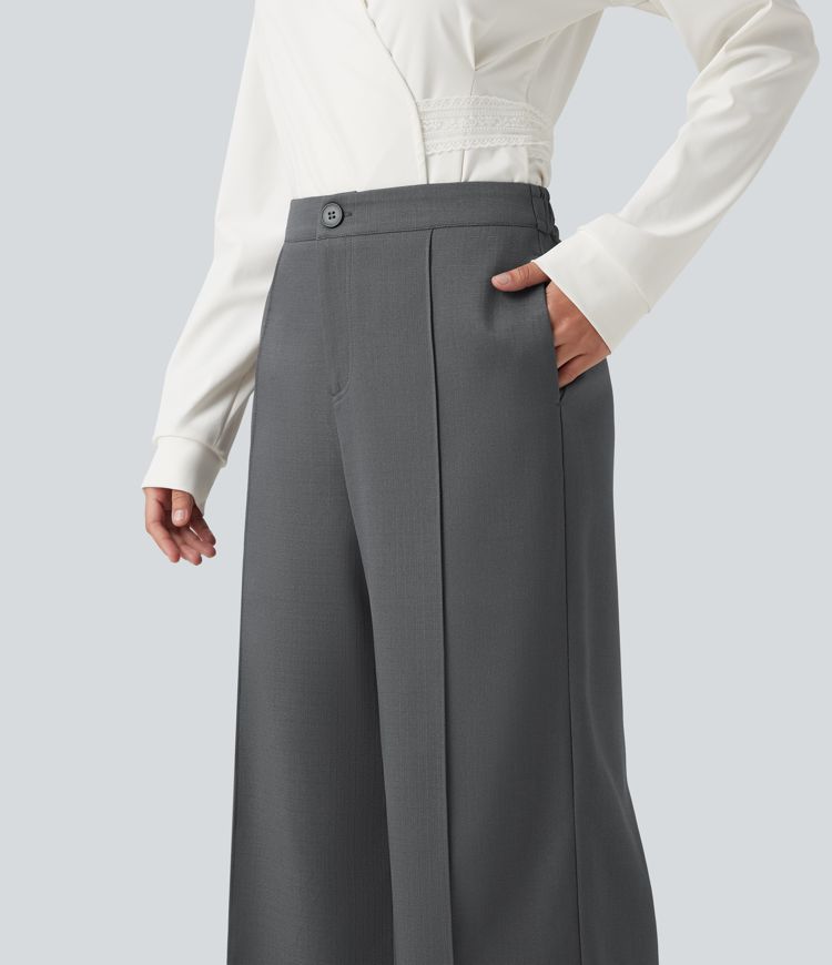 Mid Rise Wide Leg Work Pants with Pockets