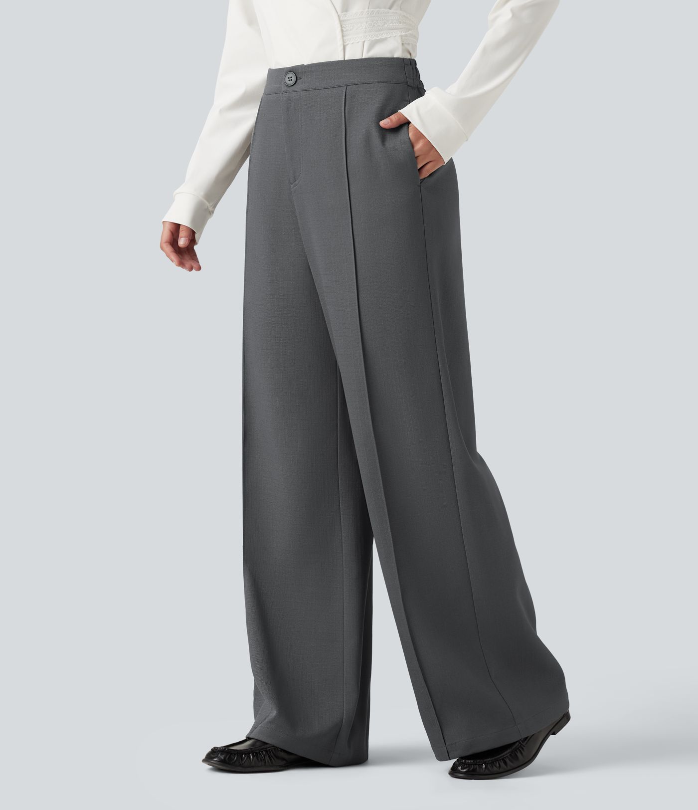 Mid Rise Wide Leg Work Pants with Pockets