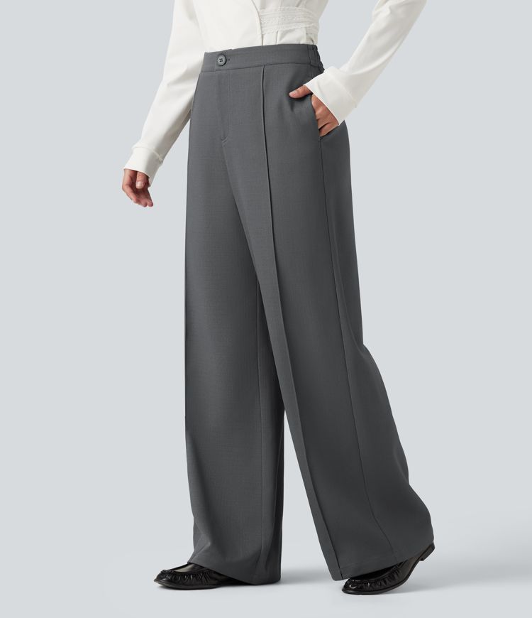 Mid Rise Wide Leg Work Pants with Pockets