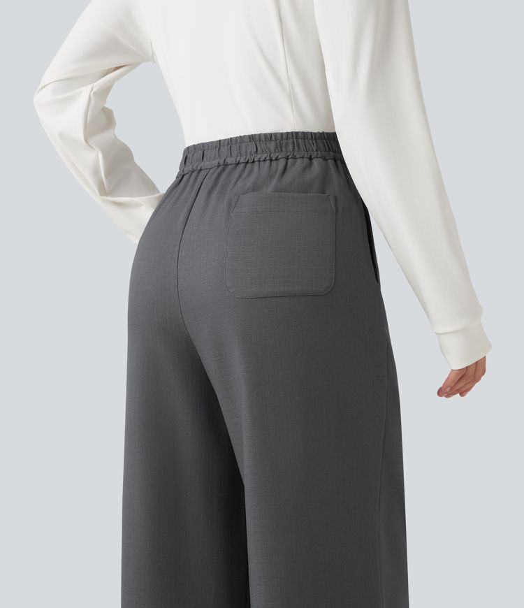 Mid Rise Wide Leg Work Pants with Pockets