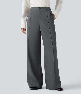 Mid Rise Wide Leg Work Pants with Pockets