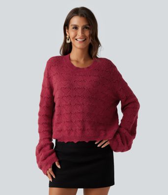 Round Neck Dropped Shoulder Long Sleeve Casual Sweater Round Neck Dropped Shoulder Long Sleeve Casual Sweater