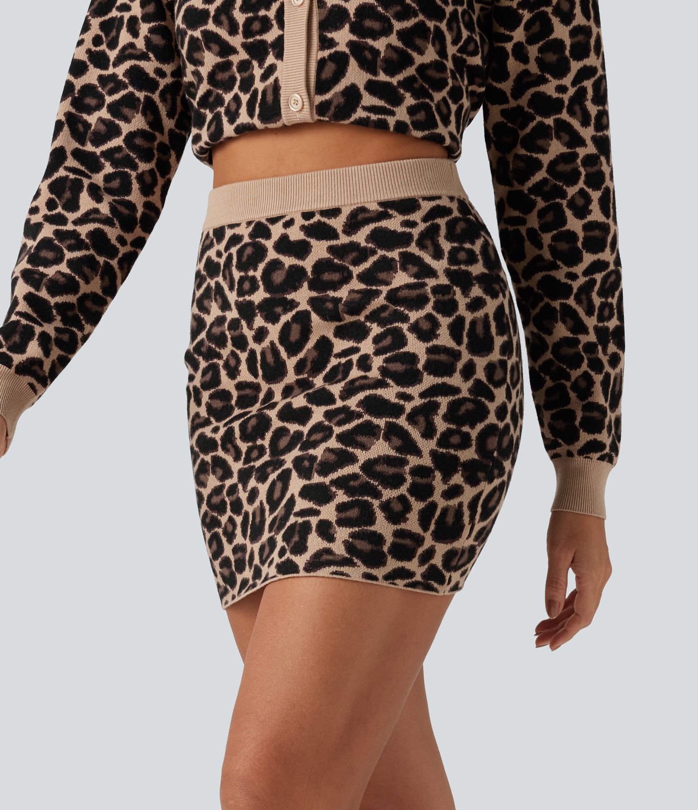 High Waisted Leopard Print Bodycon Casual Mini Sweater Skirt