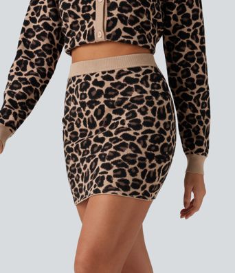 High Waisted Leopard Print Bodycon Casual Mini Sweater Skirt