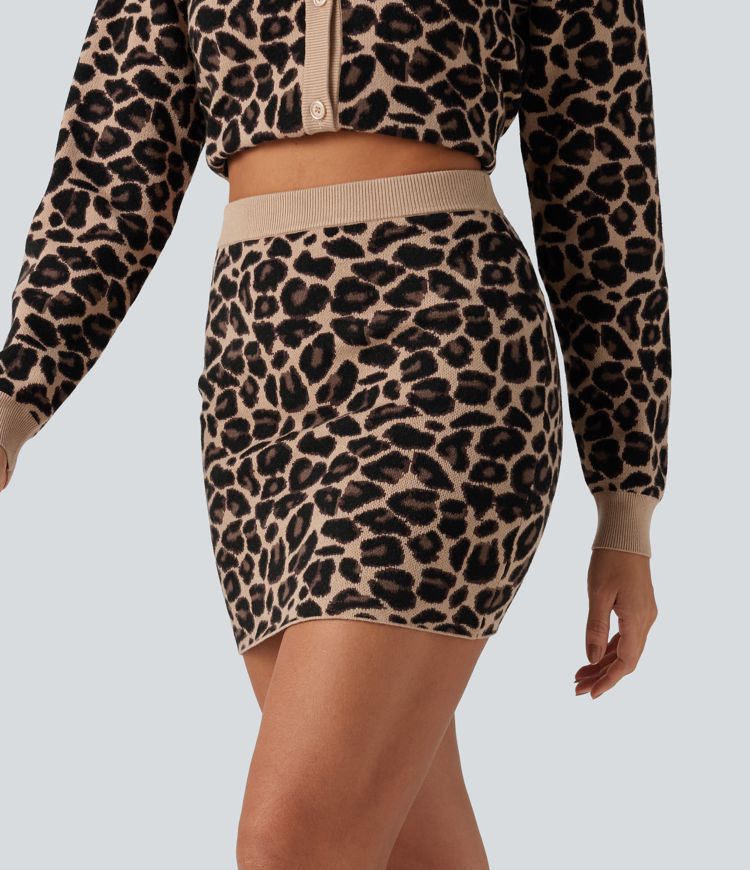 High Waisted Leopard Print Bodycon Casual Mini Sweater Skirt