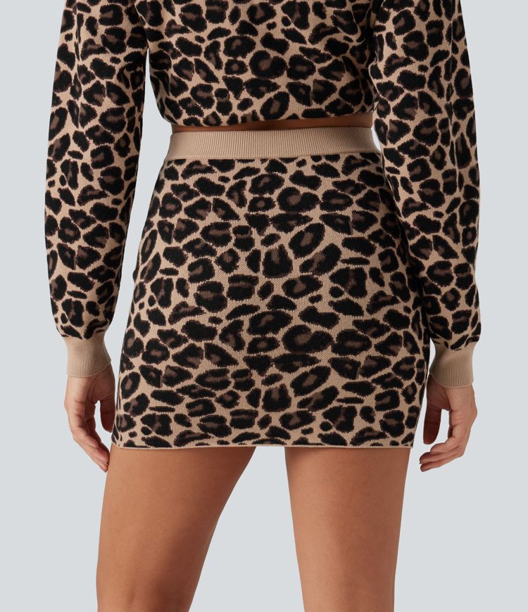High Waisted Leopard Print Bodycon Casual Mini Sweater Skirt