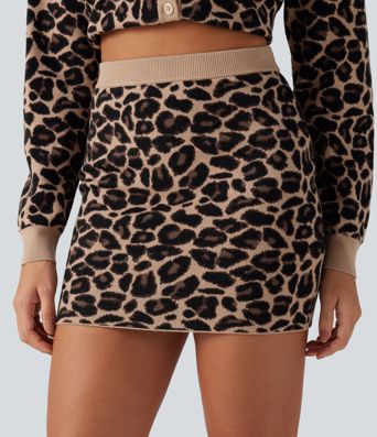High Waisted Leopard Print Bodycon Casual Mini Sweater Skirt