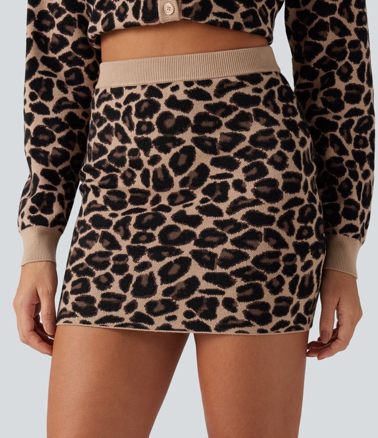 High Waisted Leopard Print Bodycon Casual Mini Sweater Skirt