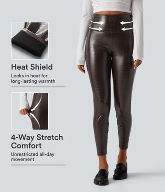 High Waisted Tummy Control Snakeskin Print Stretchy PU Fleece Skinny Casual Leggings with Pockets
